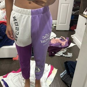 pacsun sweatpants purple and white with designs